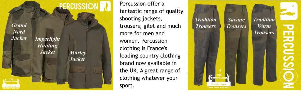 Percussion offer a fantastic range of quality shooting jackets, trousers, gilet and much more for men and women. Percussion clothing is France's leading country clothing brand now available in the UK. A great range of clothing whatever your sport.